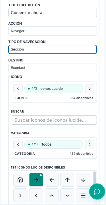 Configuración de un botón en TBase, eligiendo a qué página o sección lleva