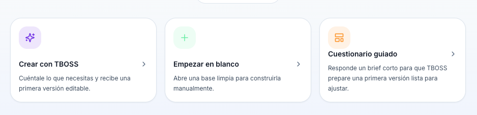 Opciones para iniciar un sitio web en TBase, incluyendo creación desde prompt y desde plantillas